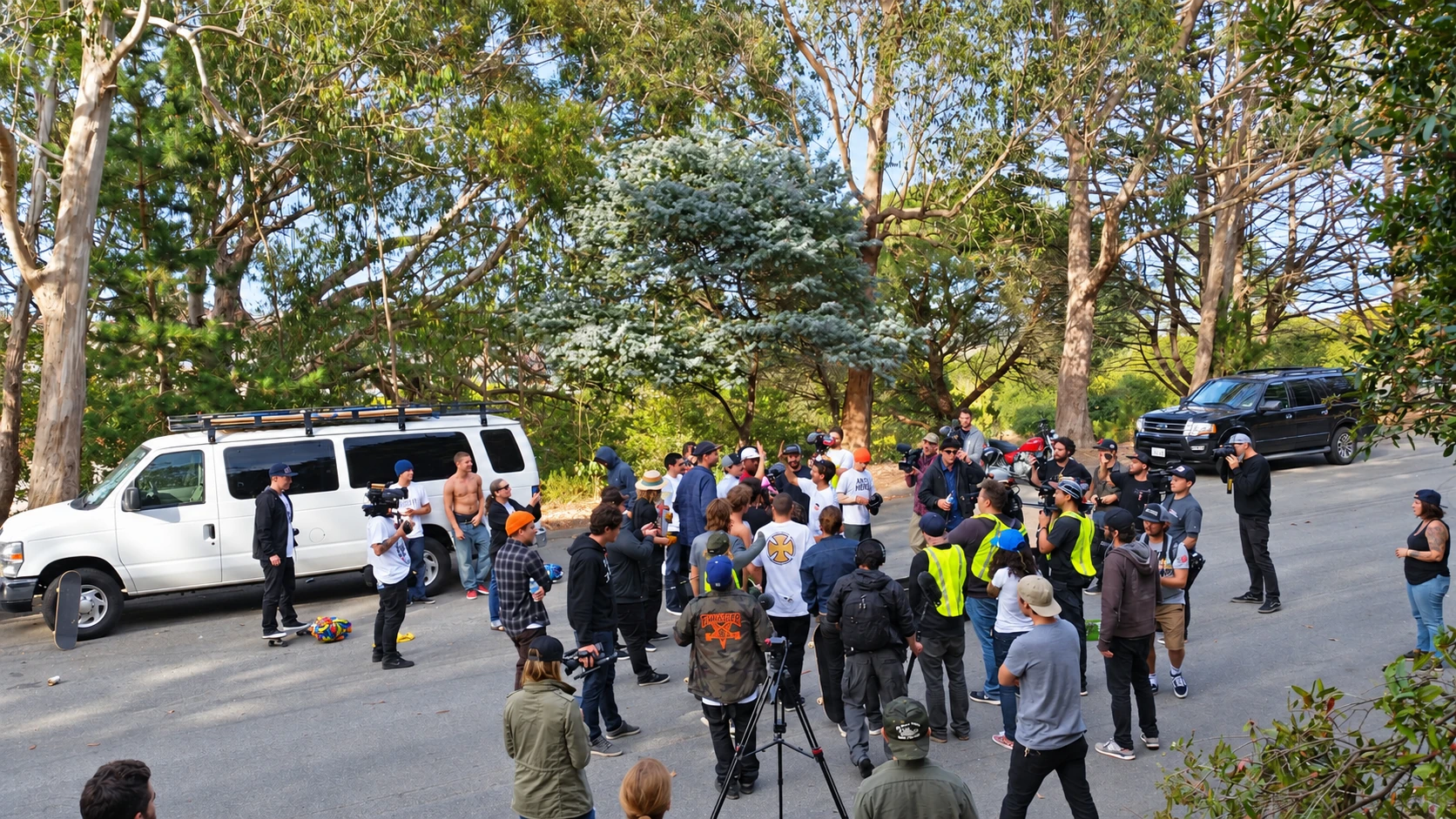 The King of the Road field crew and skateboarders on location.