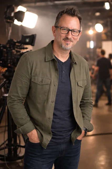 Portrait of Sergio Myers on a working production set with cameras and lights behind him