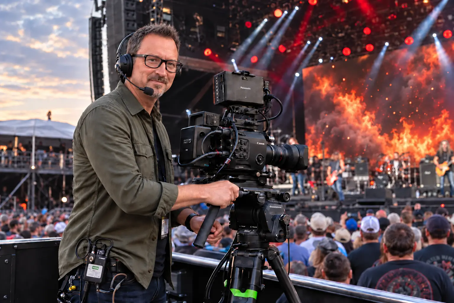 Sergio Myers operating a broadcast camera in front of a concert stage with a fire visual on the screen