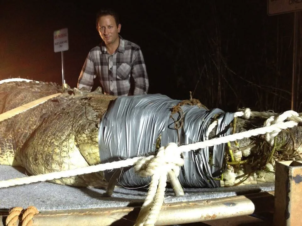 Sergio Myers beside a safely restrained crocodile while working on Croc Catchers NT for National Geographic Australia